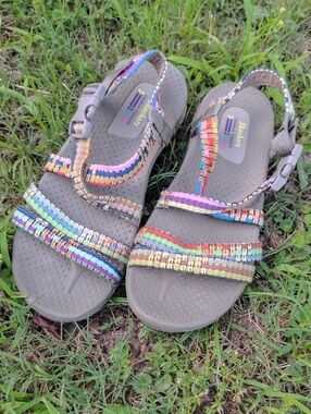 Skechers Reggae Sew Me Gray Sandals with Rainbow Woven Straps